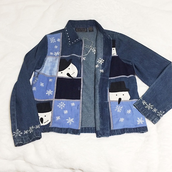 ☃️❄️Rare Winter Snowman Denim Blue Jean Jacket❄️☃️ - Picture 5 of 11